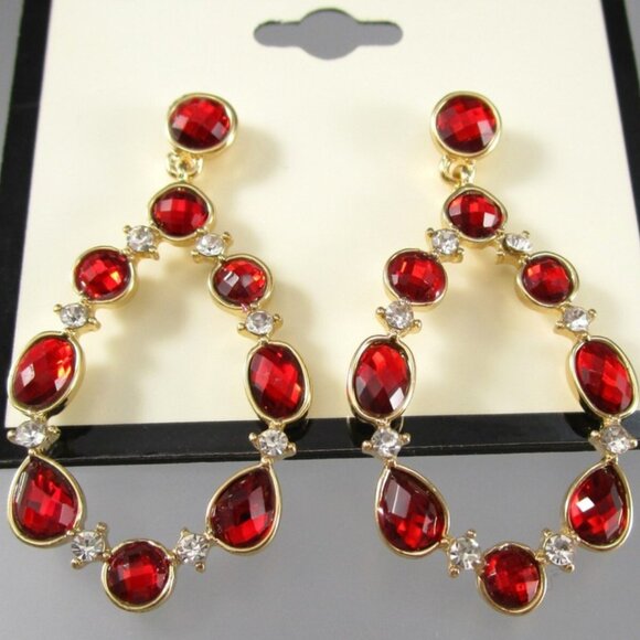 NAPIER Mod/Contemporary Gold Red & Clear Crystal Open Teardrop Earrings**NEW! - Picture 1 of 3